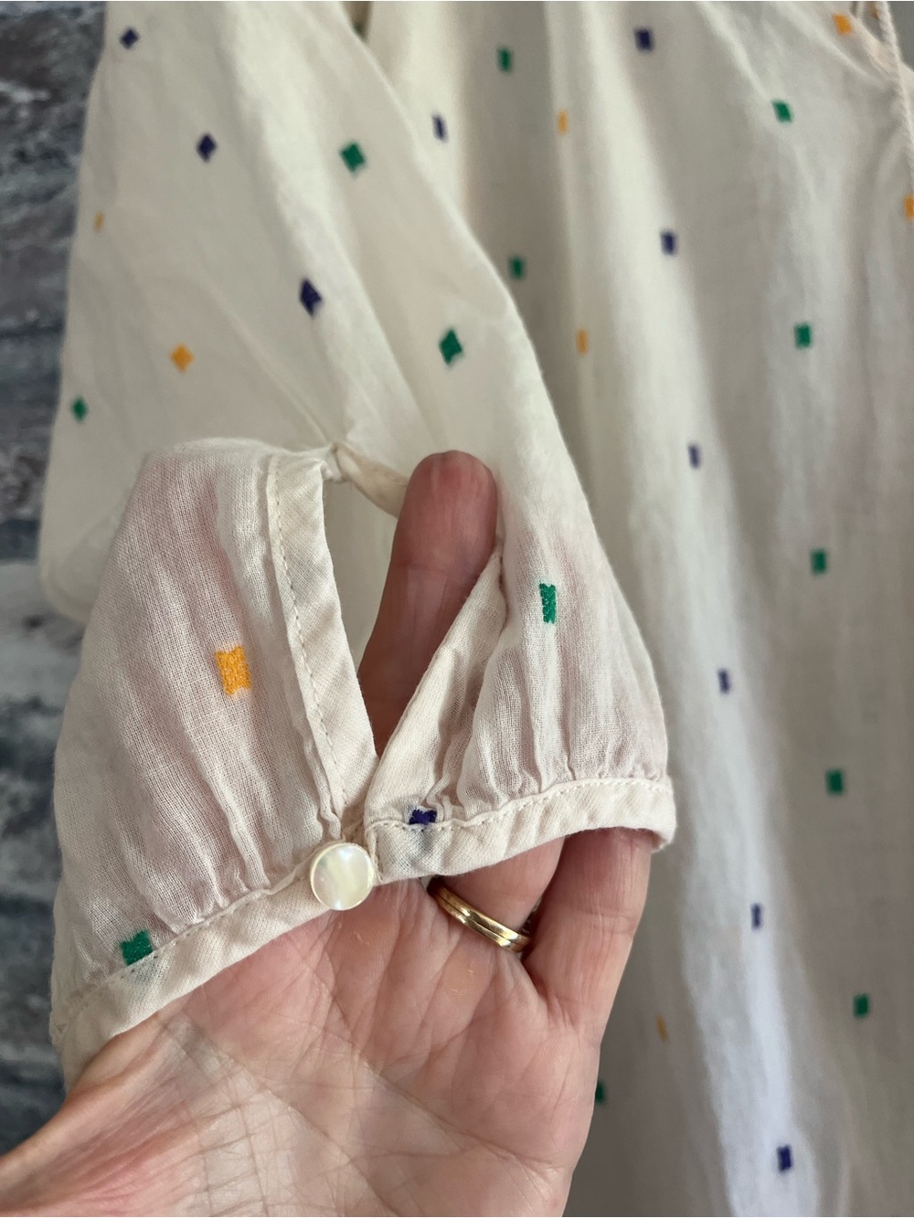 J. Crew Cream Peasant Top with tassels &Green,Navy & Yellow Embroidered Accents - Picture 5 of 9